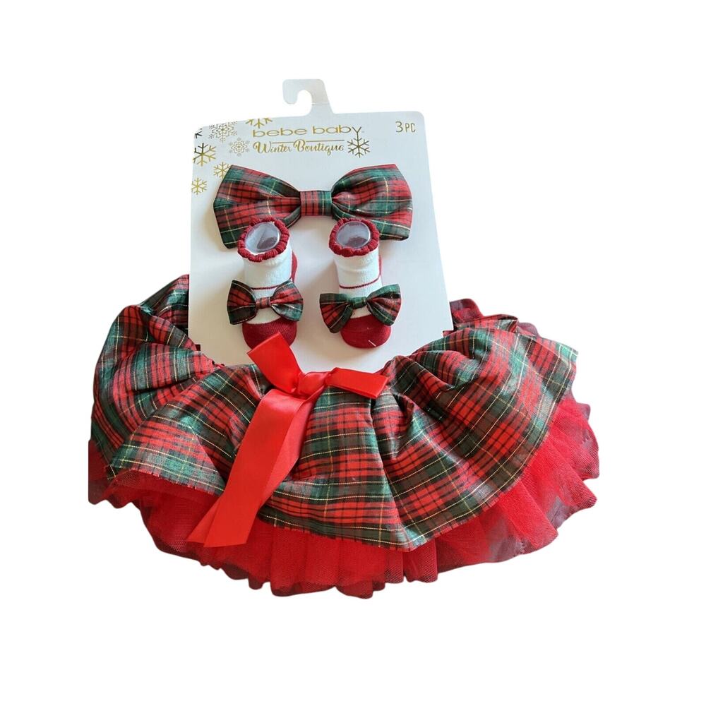 Bebe Baby Winter Boutique Plaid Holiday Set 0-12 Months Hair Bow, Sox’s, Skirt